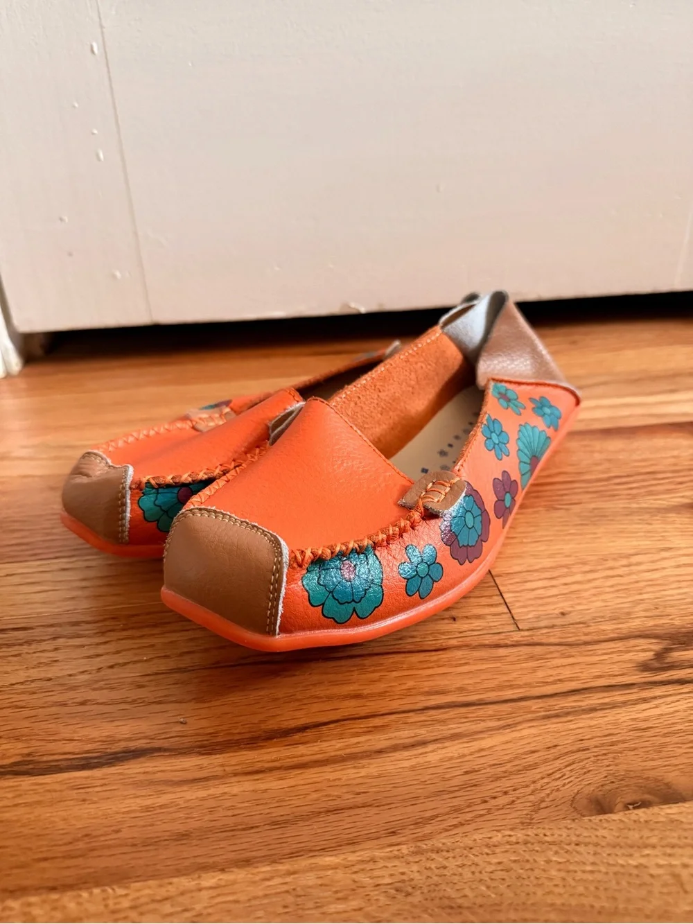 Leather Orange Floral Slip-On Shoes